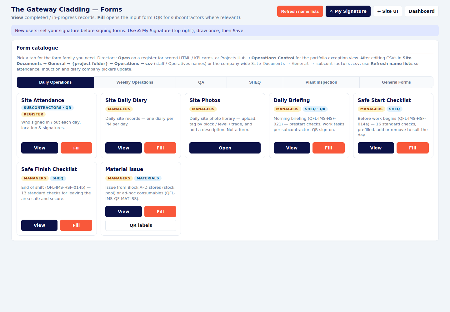 Forms page with the Refresh name lists button at the top right