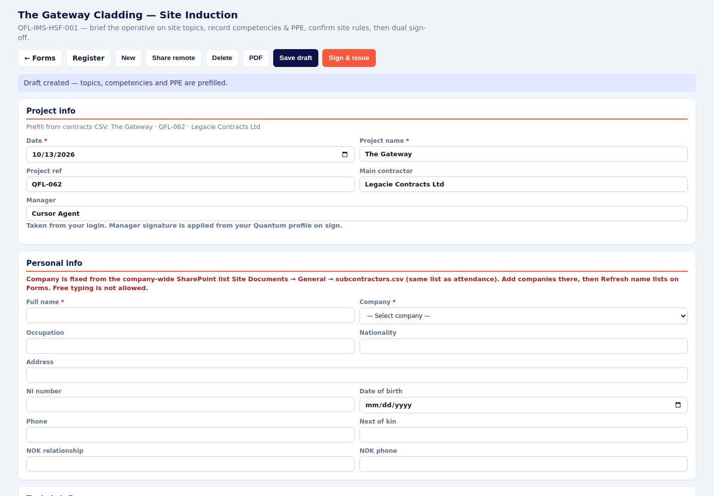 Site induction form with full name and a company list